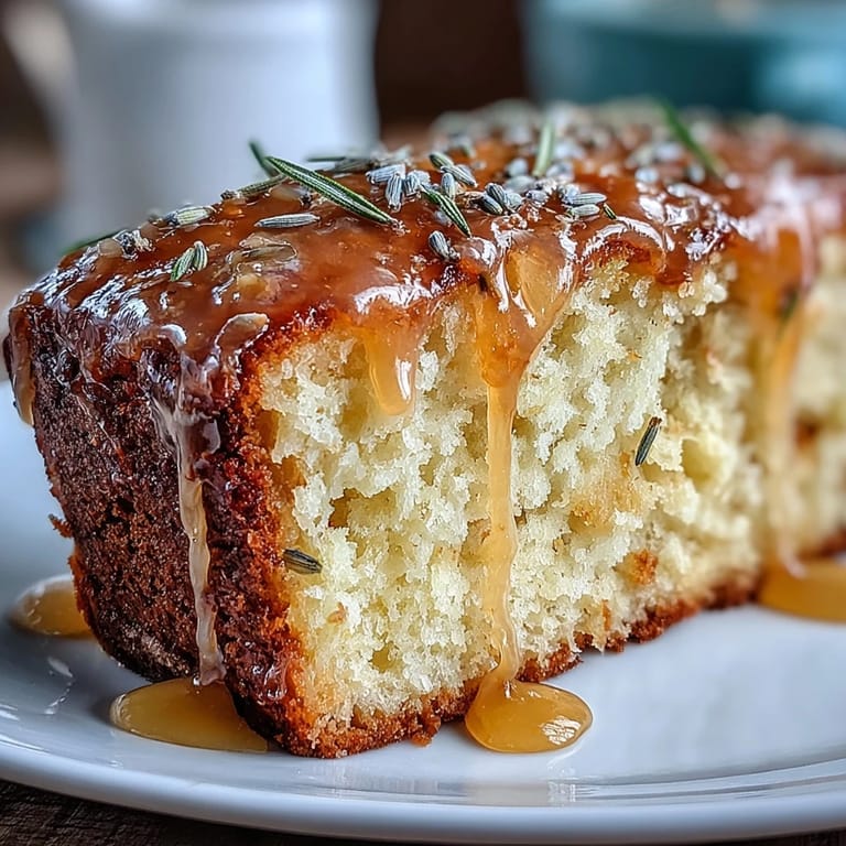 Golden lemon lavender loaf cake drizzled with sweet honey glaze, offering a floral and citrusy treat.
