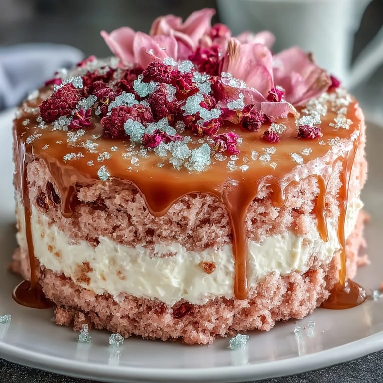 Delicate pink rosé velvet cake, frosted, with stunning edible gold accent.