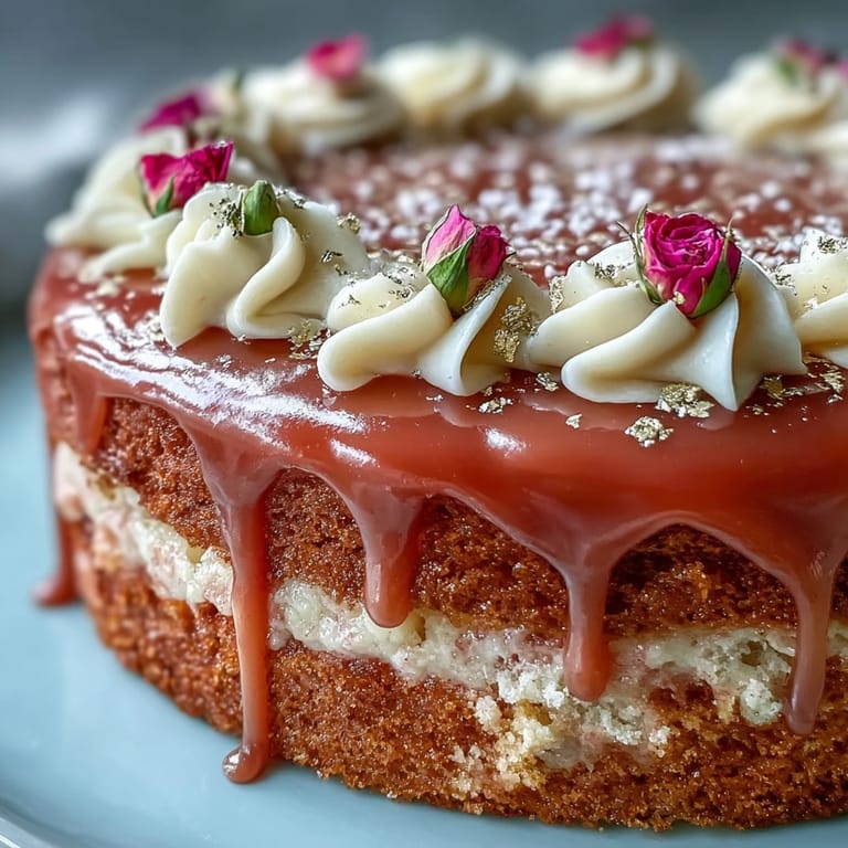 Elegant Rosé Velvet Cake: moist layers with shimmering gold drizzle topping.