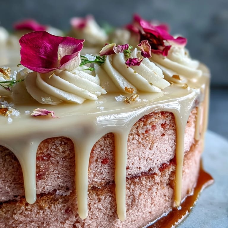 Showstopping Bridal Shower Rosé Velvet Cake, beautifully decorated with gold effect.