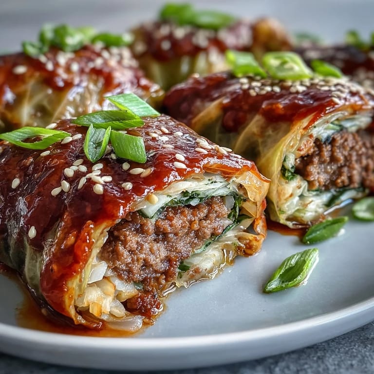 Tender Napa cabbage leaves rolled with spicy Korean beef filling, steamed to perfection.