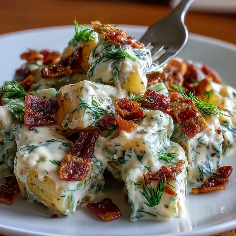 Close-up of dill-flecked potato salad topped with golden bacon bits, served alongside grilled burgers at a Memorial Day picnic.