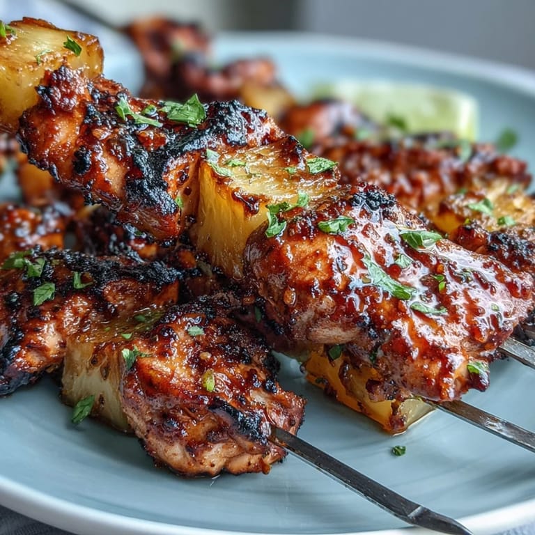Tender grilled chicken al pastor skewers with juicy pineapple chunks, bursting with bold Mexican-inspired flavors and a hint of citrus zest.