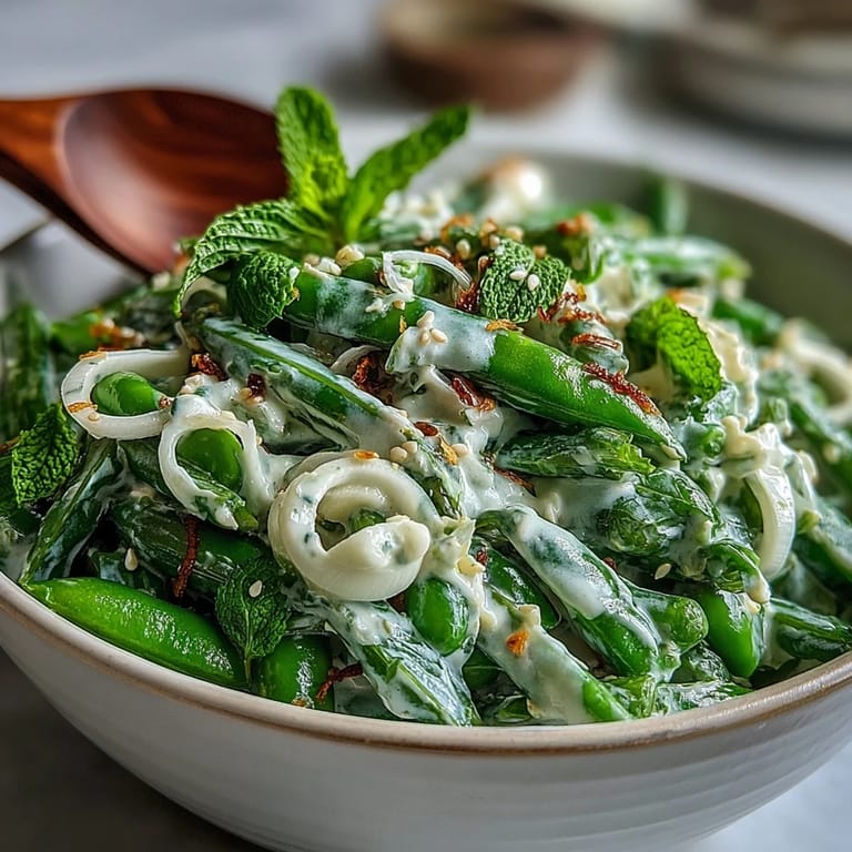 Colorful snap pea and radish salad with fresh mint, parsley, and a silky tahini-lemon dressing.