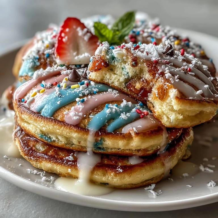 Colorful Easter egg pancakes decorated with powdered sugar glaze, mini chocolate chips, and sliced strawberries, perfect for holiday brunch.