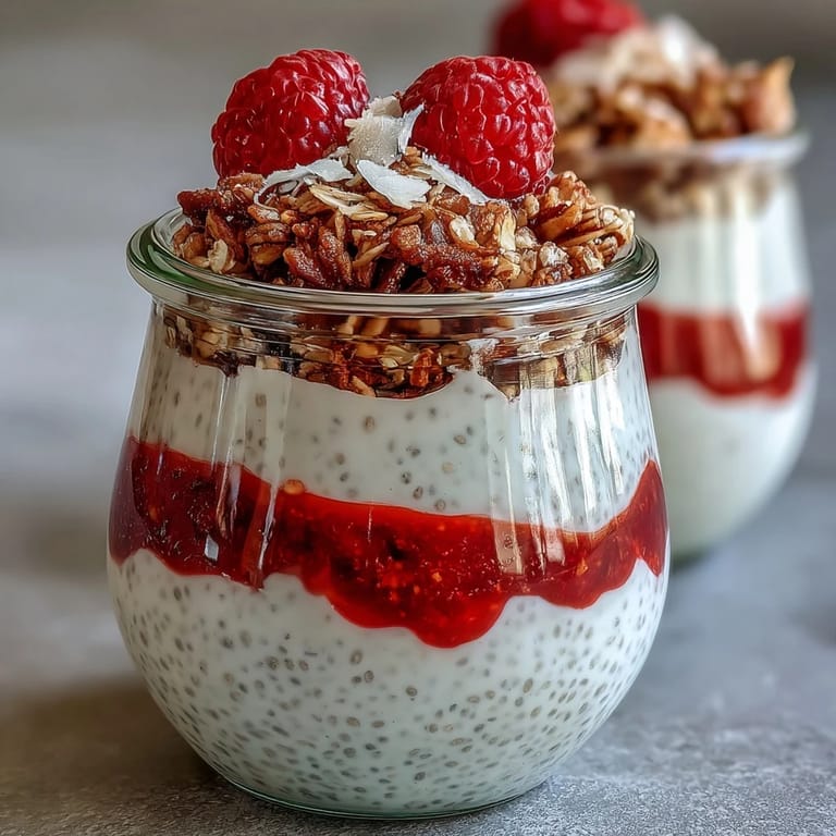 Bright and creamy lemon chia pudding parfait topped with homemade raspberry compote and granola for a healthy dessert.  