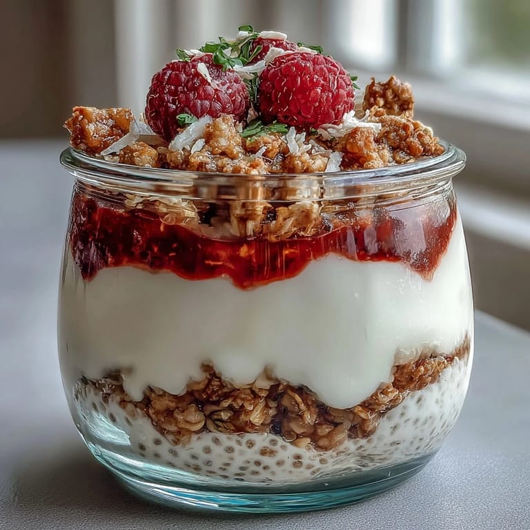 Refreshing lemon chia pudding parfait with layers of granola and raspberry compote, garnished with fresh berries and lemon zest.