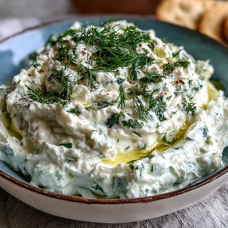 Healthy Greek Skyr Tzatziki, generously seasoned with garlic, lemon, and fresh herbs.