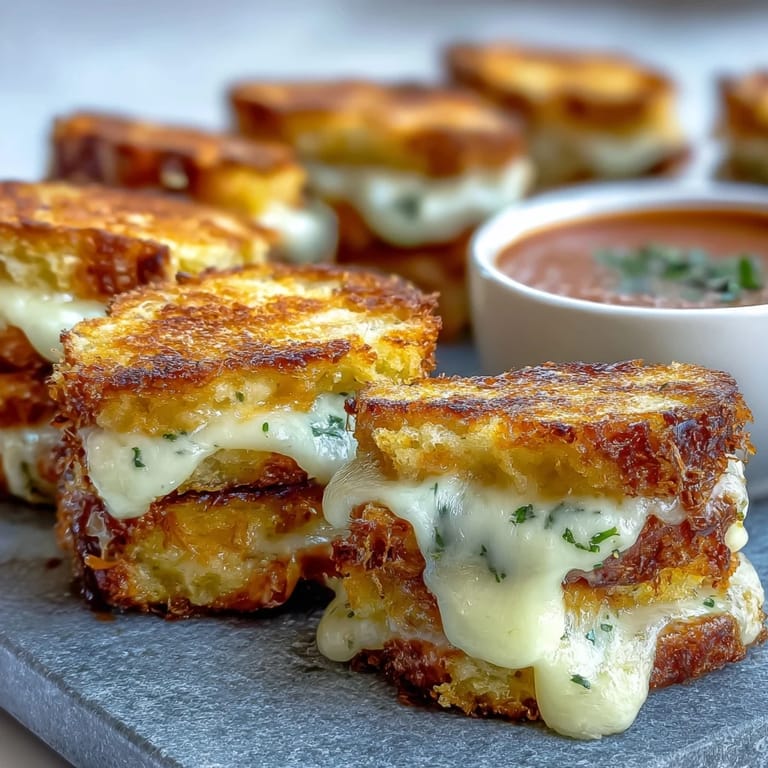 Perfectly buttered mini grilled cheese dippers waiting to dive into savory tomato soup.