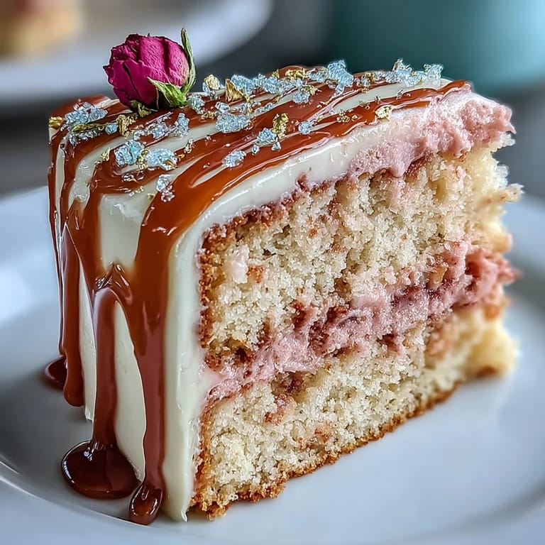 Close-up of pink rosé velvet cake featuring exquisite cascading gold chocolate drip.