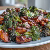 A colorful sheet pan meal with juicy teriyaki chicken, crisp broccoli, and fluffy brown rice for an easy dinner.  