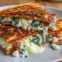 Golden crispy quesadilla filled with sautéed spinach, tangy feta, and melted mozzarella for a Mediterranean-inspired vegetarian meal.  