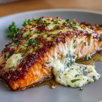 Creamy baked salmon fillets drizzled with rich lemon butter sauce, garnished with fresh parsley.  