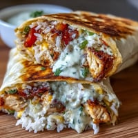 Chicken Bell Pepper Ranch Burritos loaded with tender chicken, sautéed peppers, melty cheese, and creamy ranch in a soft tortilla wrap.  