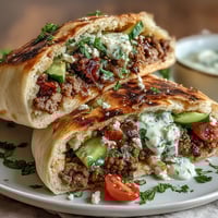 Mediterranean ground beef stuffed pita pockets filled with spiced beef, crisp veggies, and creamy yogurt sauce for a fresh, flavorful meal.  