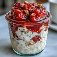 A jar of creamy overnight oats topped with vibrant strawberry chia jam, ready for a wholesome breakfast.  