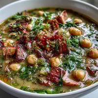 A comforting bowl of ham and chickpea soup with fresh dill, brightened by lemon zest and tender vegetables.  