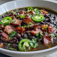 A steaming bowl of black bean and ham soup with jalapeños, garnished with fresh cilantro and lime wedges for a zesty finish.
