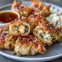 Crispy rice paper dumpling bites filled with seasoned chicken and colorful vegetables, pan-fried to golden perfection for a gluten-free appetizer.