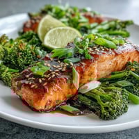 Succulent honey soy glazed salmon fillets served over crisp-tender sesame broccoli, garnished with fresh spring onions and lime wedges.  