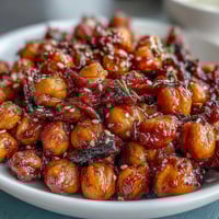 A vibrant bowl of chili garlic crispy chickpeas served over fluffy jasmine rice with sesame seeds and scallions.  
