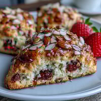Golden brown butter scones studded with juicy strawberries and crunchy almond slices, baked to tender perfection.