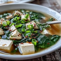 A warm bowl of miso soup with silky tofu, fresh spinach, and green onions in a savory broth, perfect for a light meal.  