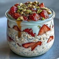 A jar of creamy overnight oats topped with fresh strawberries, crunchy pistachios, and a drizzle of golden honey.
