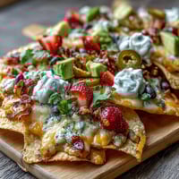 Festive summer party nacho board with crispy tortilla chips, melted cheese, and vibrant strawberry salsa for sharing.