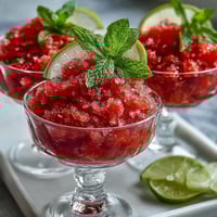 Vibrant strawberry lime daiquiri granita dessert cups with fresh mint and lime wedges for a refreshing summer treat.