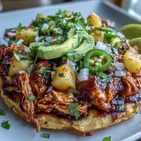 Crispy tostadas layered with shredded chicken, zesty pineapple salsa, and creamy avocado slices for a fresh and vibrant meal.