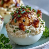 Adorable deviled egg chicks with carrot beaks and black peppercorn eyes, perfect for Easter appetizers.