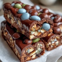 Soft, chewy cookie bars filled with Cadbury mini eggs and pastel M&Ms, perfect for Easter celebrations.  