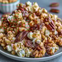 Sweet and salty Baseball Season Popcorn Mix with peanuts and caramel, perfect for game day snacking and sharing with friends.