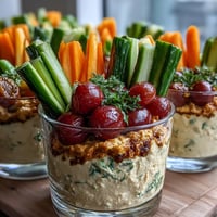 Portable snack cups filled with creamy hummus and crisp vegetable sticks, perfect for on-the-go munching.
