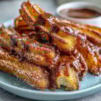 1. Bite-sized churro bites, golden and crispy, coated in cinnamon sugar, ready to dip in rich chocolate sauce for Cinco de Mayo celebrations.  