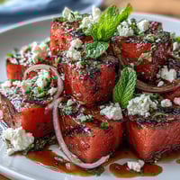 Grilled watermelon salad with feta and mint, featuring smoky-sweet fruit and creamy cheese.