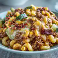 Golden-brown ground beef simmering with onions, garlic, tomatoes, and pickles in a rich, cheesy tomato sauce in a large skillet.
