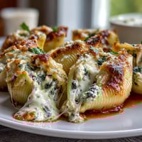 Golden-brown baked Pesto Chicken Stuffed Shells Lite with melted mozzarella and fresh basil garnish.