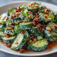 A vibrant smashed cucumber salad with garlic, chili, and sesame dressing, garnished with scallions and sesame seeds.  
