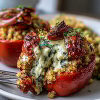 Vibrant quinoa stuffed bell peppers with roasted vegetables and creamy goat cheese, baked until tender and golden for a wholesome vegetarian meal.  