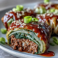 Spicy Korean cabbage rolls filled with seasoned ground beef and served with savory dipping sauce.