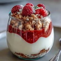 Zesty lemon chia pudding parfait layered with crunchy granola and tangy raspberry compote for a refreshing breakfast treat.  