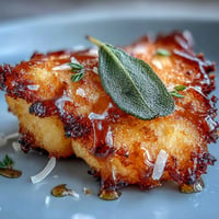 Golden brown butter sage gnocchi served in a skillet with crispy sage leaves and a sprinkle of Parmesan cheese.